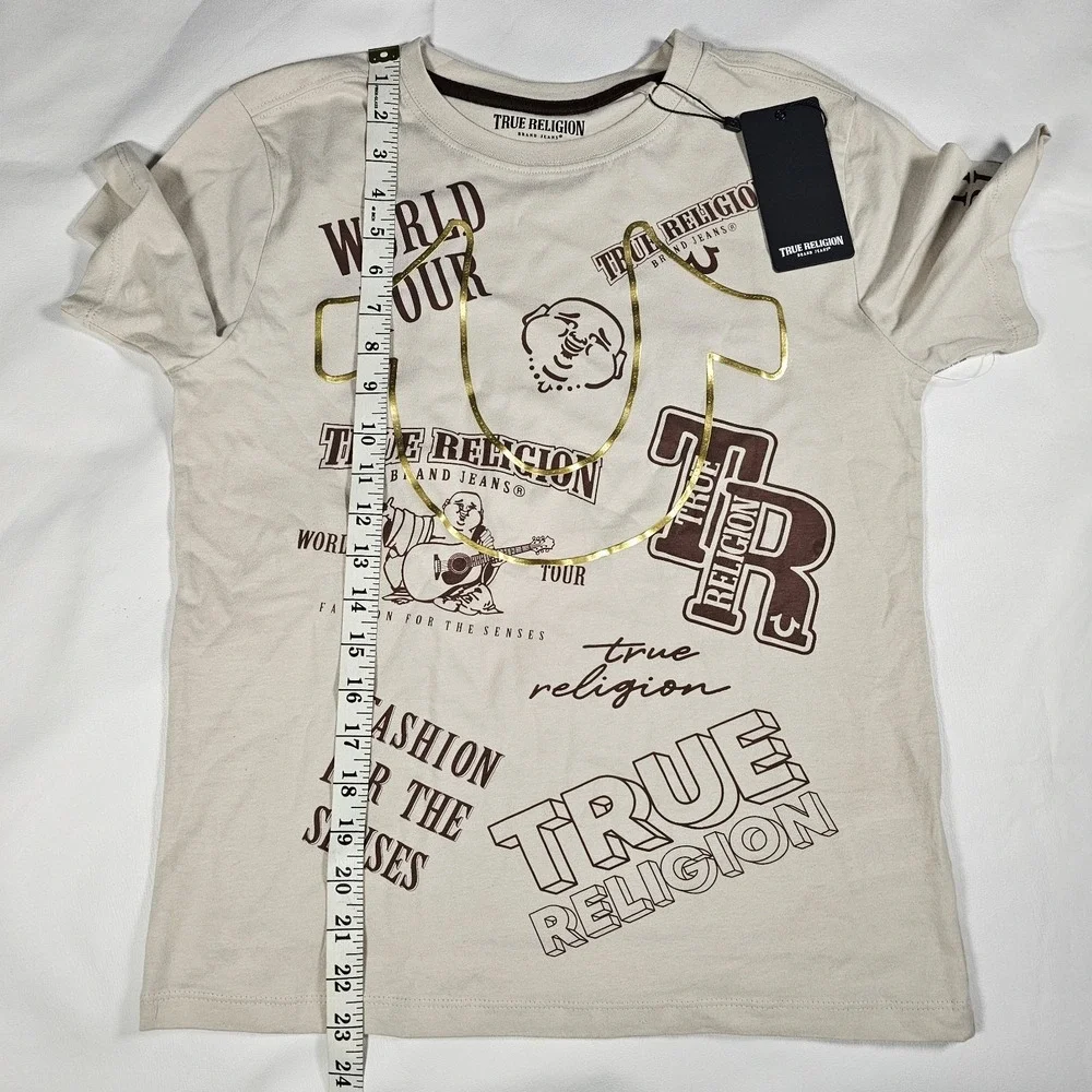 NWT True Religion Boys Medium Graphic T Shirt Beige Gold Logo World Tour